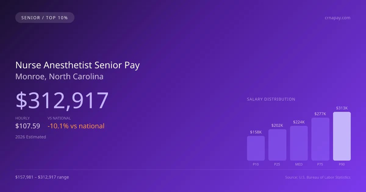 Nurse Anesthetist Senior Salary in Monroe, NC — 2026 est., based on 2025 BLS